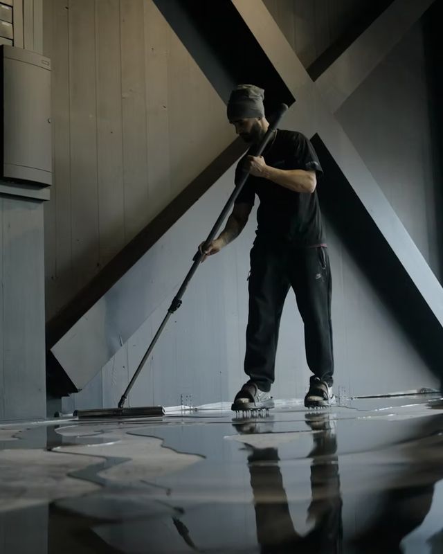 Applicateur tirant la résine à la lisseuse dans l'atelier